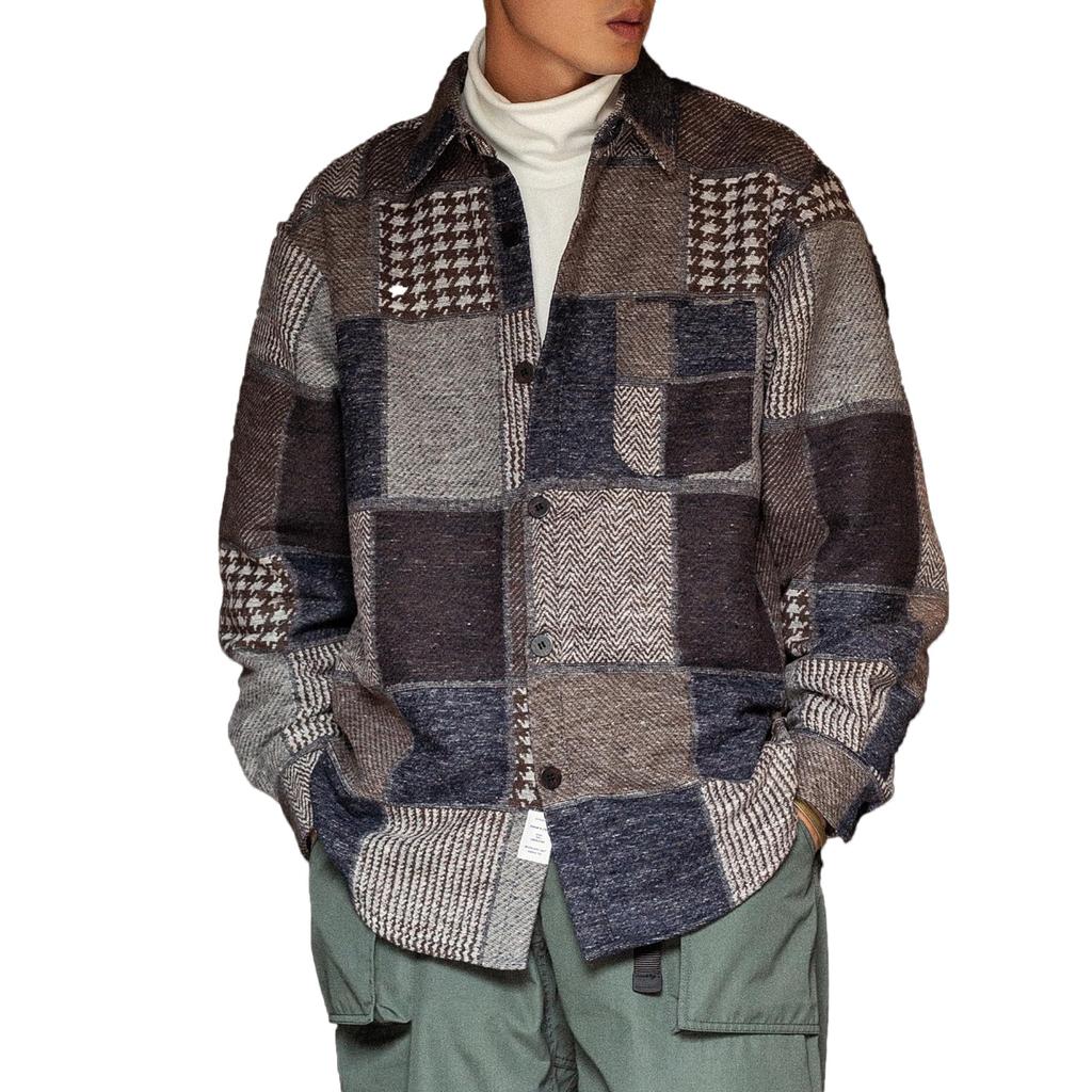 Fashion Long Sleeve Shirt Autumn Clothes Retro Switching Design Thick Patchwork Tweed Check Outerwear [CHANGE WELL] Men's Spring/Autumn/Winter