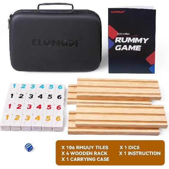 Rummy Cube Game Set with 4 Wooden Racks,106 Rummy Tiles and Portable Case,Classic Travel Board Games for Family Adults and Kids