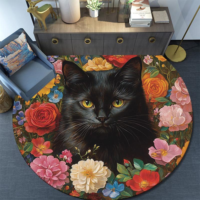 Black Cat Floral Round Area Rug,Carpet Rug for Living Room Bedroom Sofa Playroom Decor,Non-slip Floor Mat