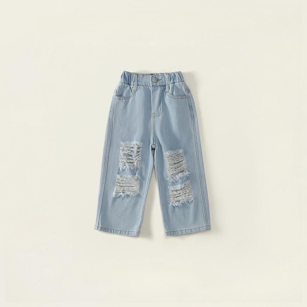Baby Autumn Jeans 2025 New Children's Korean Version Fashionable Washed Ripped Wide-leg Trousers