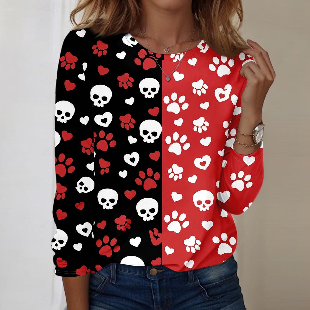 Women's Casual Long Sleeve Halloween Skull Print Pullover Crew Neck Top Lightweight Comfortable Fit for Everyday Wear