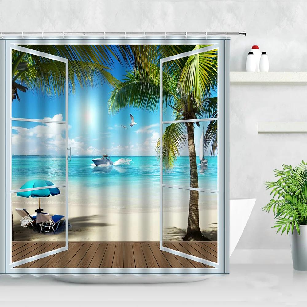 Tropical Landscape Shower Curtain 3D Open Window Ocean Beach Starfish Shell Palm Tree Scenery Waterproof Bathroom Decor Curtains
