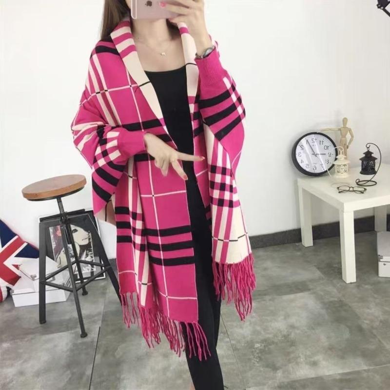 

Зимнее пальто женское вязаный свитер осенний наряд шаль шарф женский двойного назначения двухсторонние рукава теплый клетчатый трикотажный плащ one size розовый
