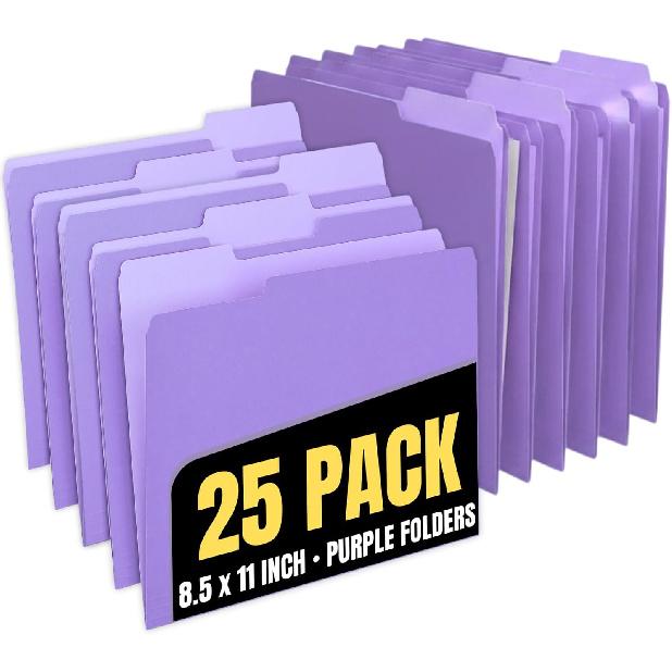 1InTheOffice Purple File Folders, 1/3 Cut Tabs, Letter Size, Violet, 25-Pack