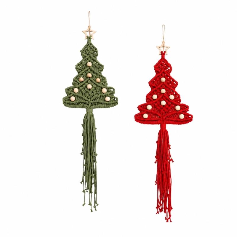 Holiday Tree Fiber Craft Set for 2 Hanging Projects with Soft Cotton Cord, Wooden Star Toppers, Beads and Dowels