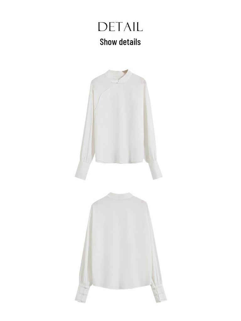 Rong Tai Women's 2026 White Puff Sleeve Stand Collar Shirt in Lightweight Chinese Style