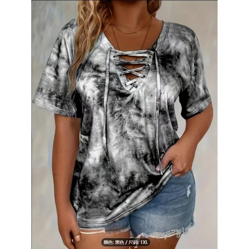 Women's Plus Size 5XL T-Shirt Fashion Tie Dye Print Loose Fit Tee with Lace-Up Short Sleeve T-Shirt Ladies Casual Drape Neck T-shirt