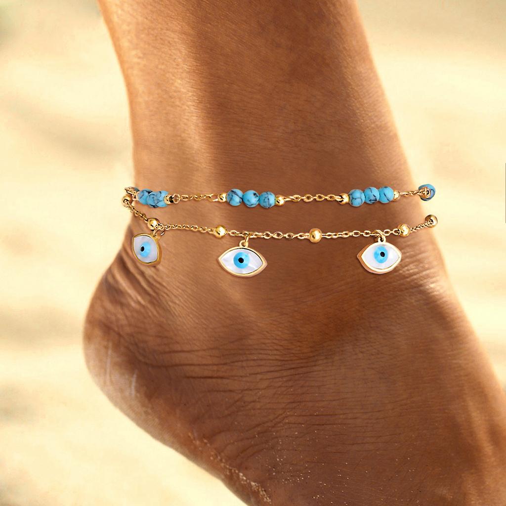 1 Set of Turquoise Inlaid Star Devil's Eye Lady's Ankle Chain Stainless Steel Plated 18K Gold Ankle Layered Chain Chain