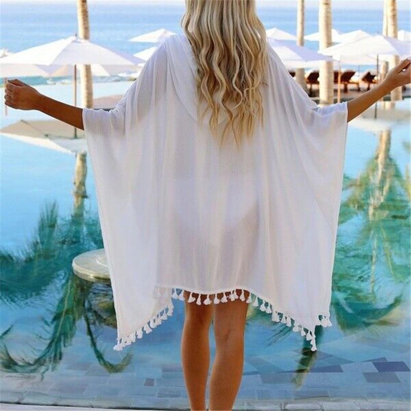 Summer Women Boho Transparent Beach Dress Bikini Cover Up Tassel Chiffon Hooded Sundress Cover-up