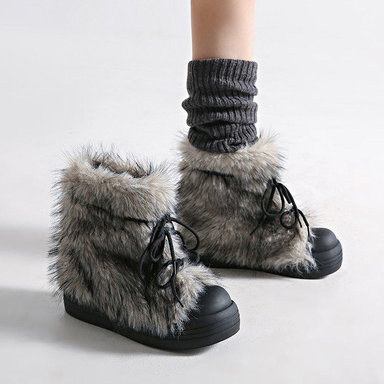 Big head thick-soled snow boots women's 2025 new winter plush thickened fluffy short boots wear warm cotton shoes