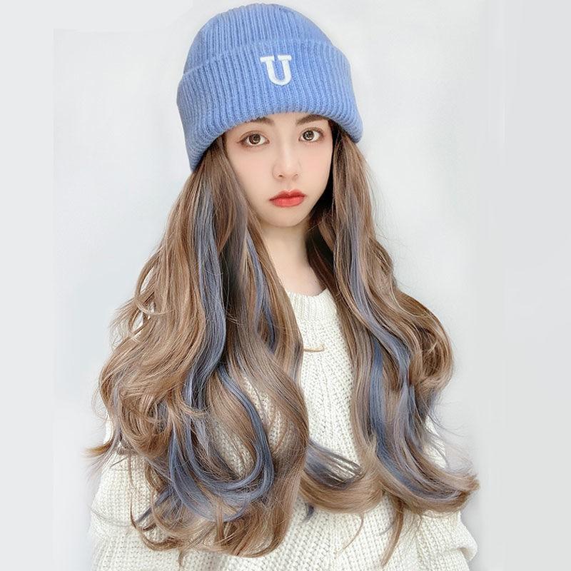 Wig Hat Combo Long Curly Hair Heat Resistant Fiber Fashion Highlight Cap Women