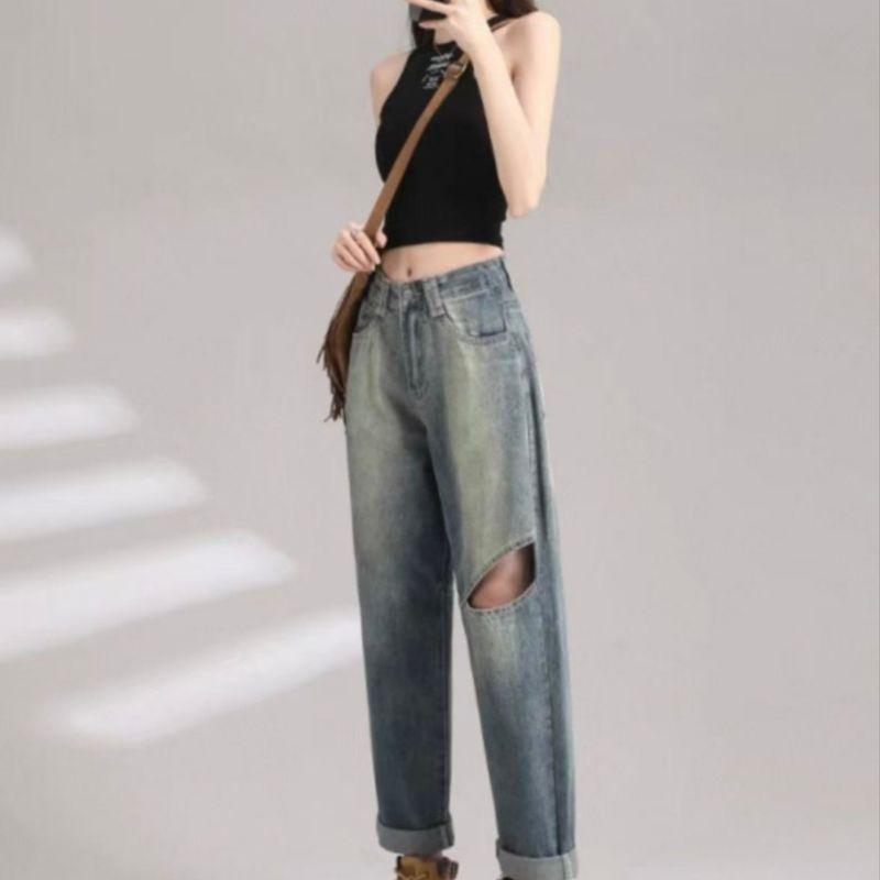 Foreign Trade European and American Single Women Fashion Ripped Jeans New Knee Hollow Design Printing and Dyeing Color Loose Harem Pants