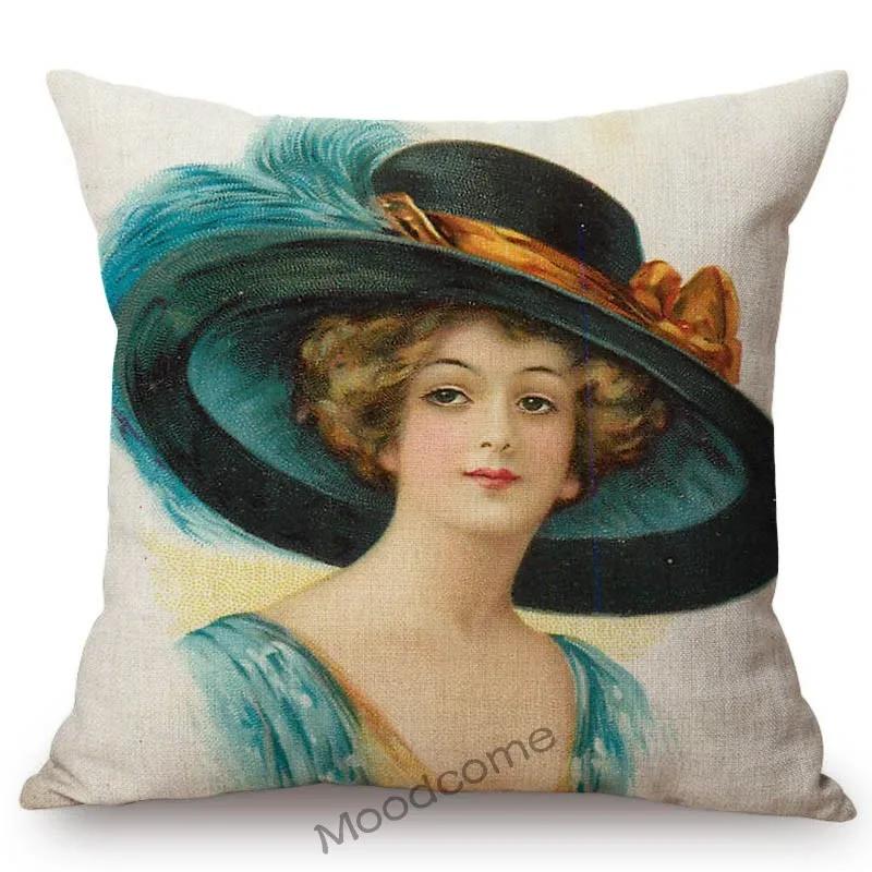 European Royal Court Victorian Era Lady Hat With Flower Elegant Sofa Throw Pillow Cover Classic Vintage Linen Decor Cushion Case