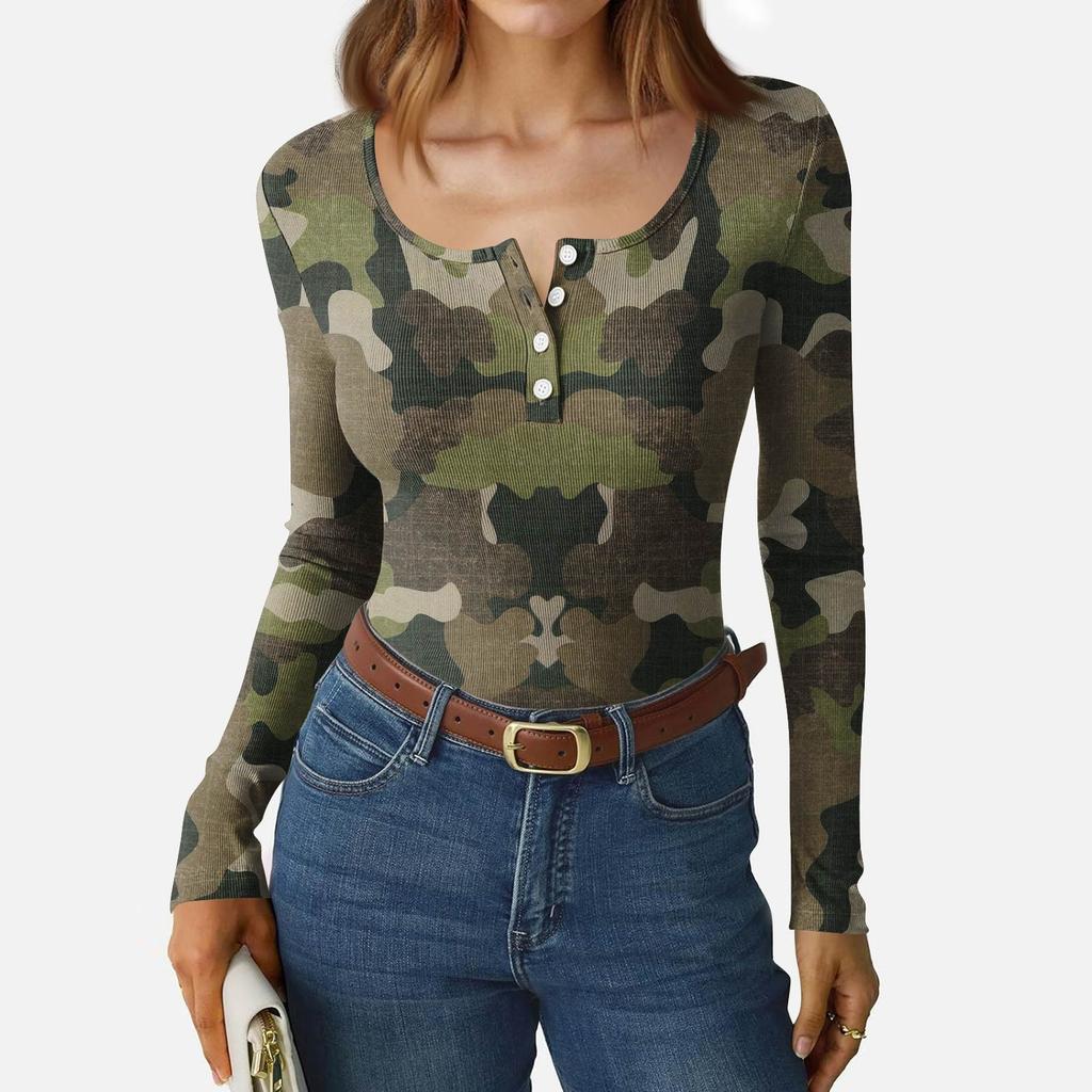 Women's Slim Bottom T-shirt Fashion Casual Gradient Printing Round Neck Pullover Long Sleeve Top