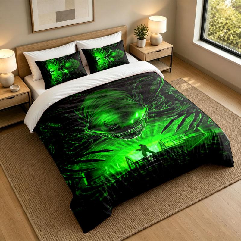3Pcs Bedding SetAlien Xenomorph Soft Bed Sheet and Two Pillowcases Home Bedroom Decor