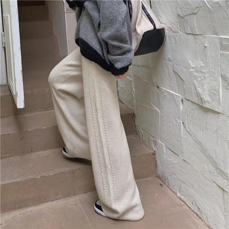 Loose High-waisted Knit Grooved Wide-leg Pants for Women, Slimming Autumn and Winter Outerwear, Draped Floor-length Straight-leg Casual Pants Trendy
