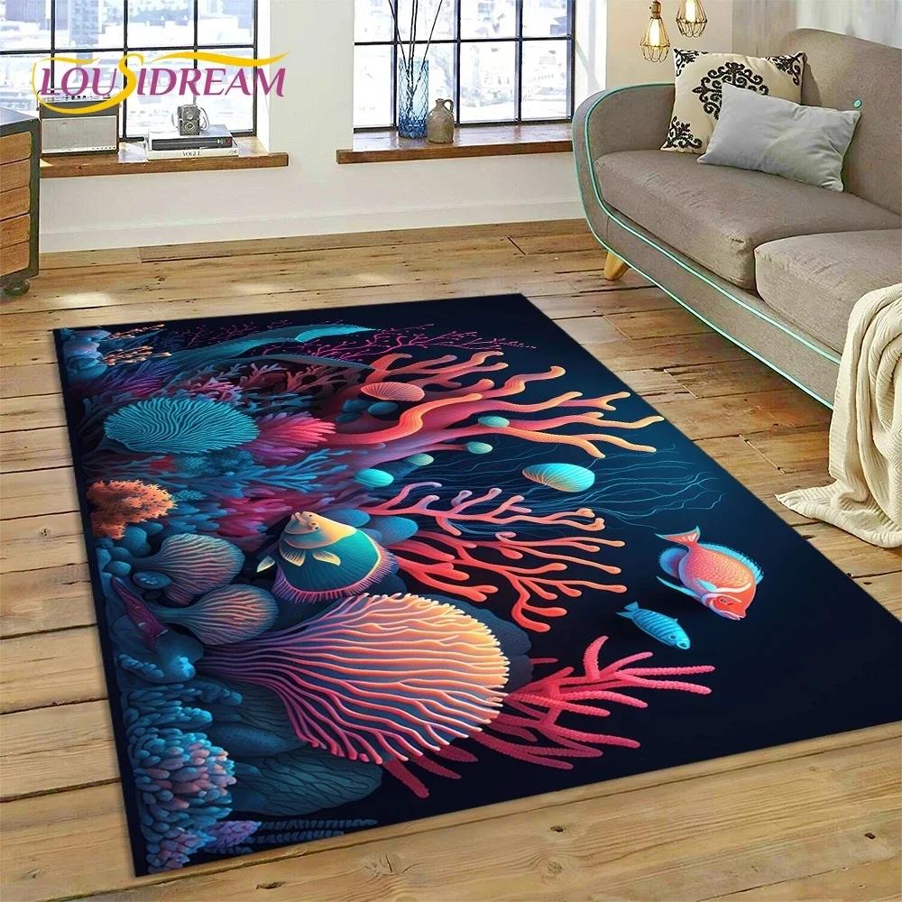 Tappeto Moquette 3D Mondo Sottomarino Fondale Marino Delfino Cartone Animato per Camera da Letto Soggiorno Decorazione Casa Divano, Bambino Grande Decor Tappetino Pavimento