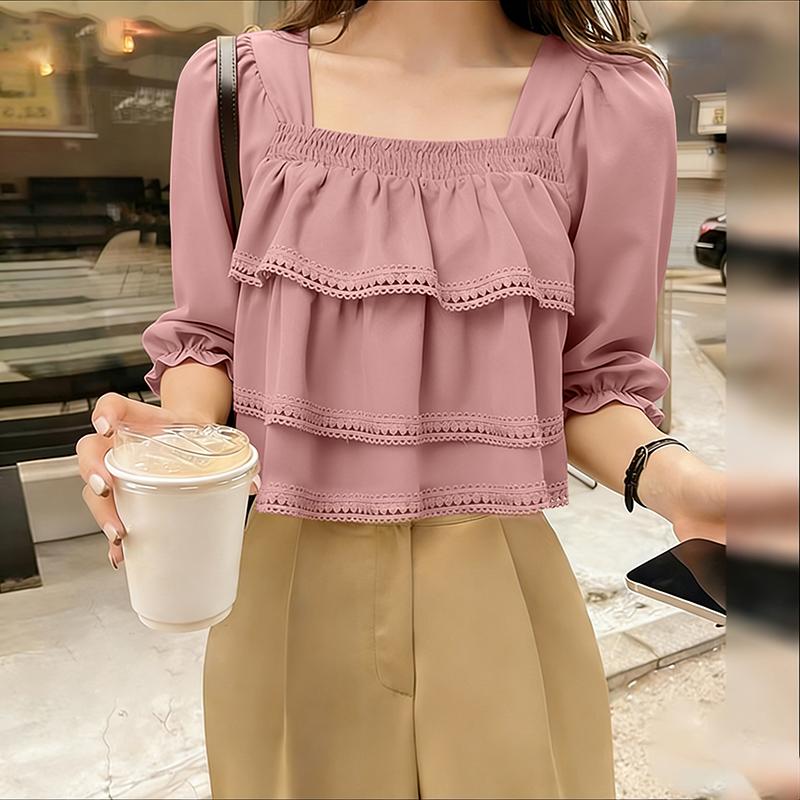 ZANZEA Damen Freizeit Bluse mit eckigem Ausschnitt Sommer Halbarm