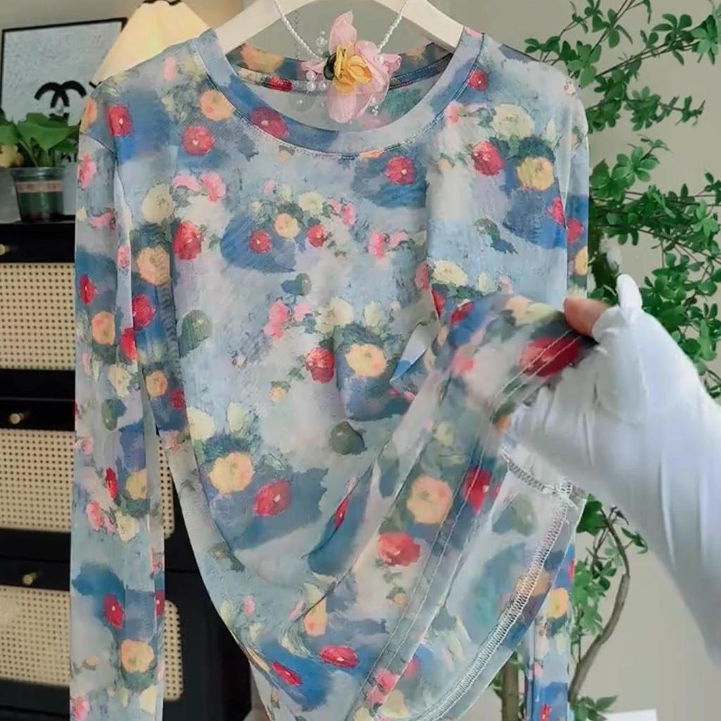 Plus Size Transparent Mesh Sun Protection T-shirt Women's Summer Loose Slimming Outerwear Long-sleeve Printed Cover-up Top