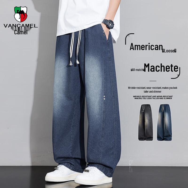 VANCAMEL Men's American Retro Gradient Loose Straight-Leg Jeans