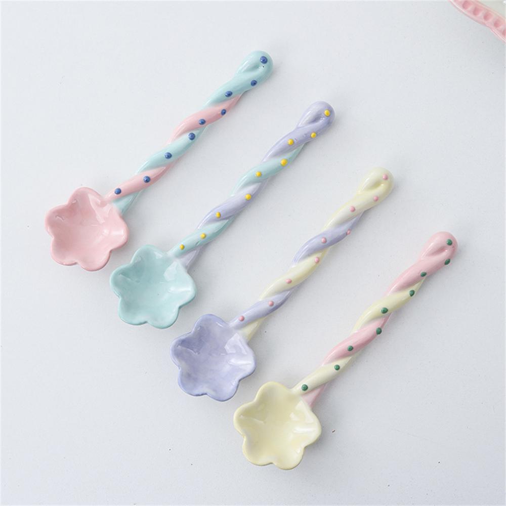 1~10PCS Ceramic Long Handle Spoon Kawaii Korean Ice Cream Hand Painted Dessert Spoon with Long Handle Kitchen Tableware