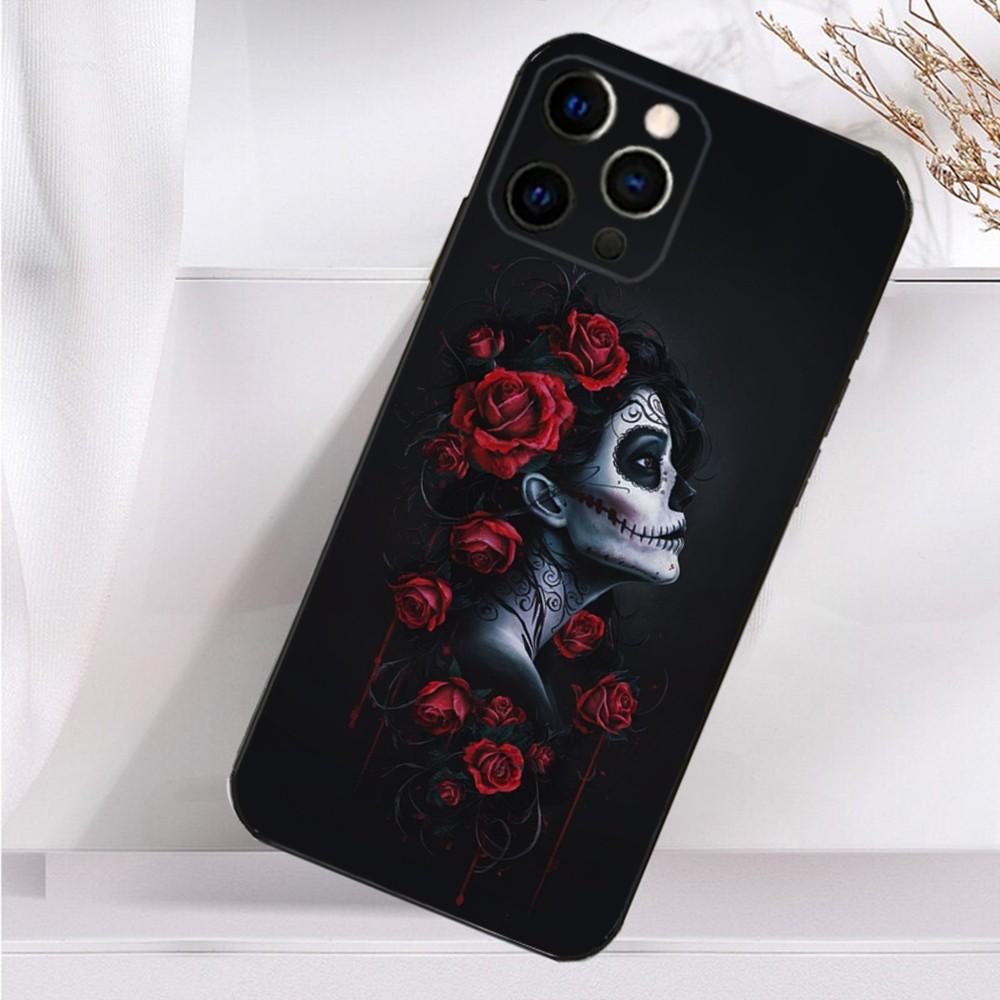 Mexican Catrina Skull Girl Phone Case For iPhone 16,15,14,13,12,11 Plus,Pro Max,XS,X,XR,SE,Mini,8,7 Soft Silicone Black Cover