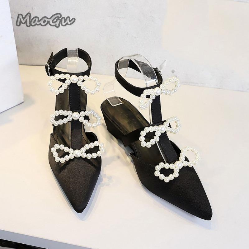 Fashion French Pointed Toe Women's Elegant Banquet Dress Shoes Wedge Heel Ankle Strap Pearl Bowknot Sandals Fashion Mid Heel Pumps