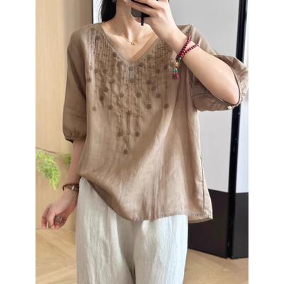 Women's Beige V-Neck Half-Sleeve Blouse Embroidery Detail Loose Casual Linen Blend Shirt