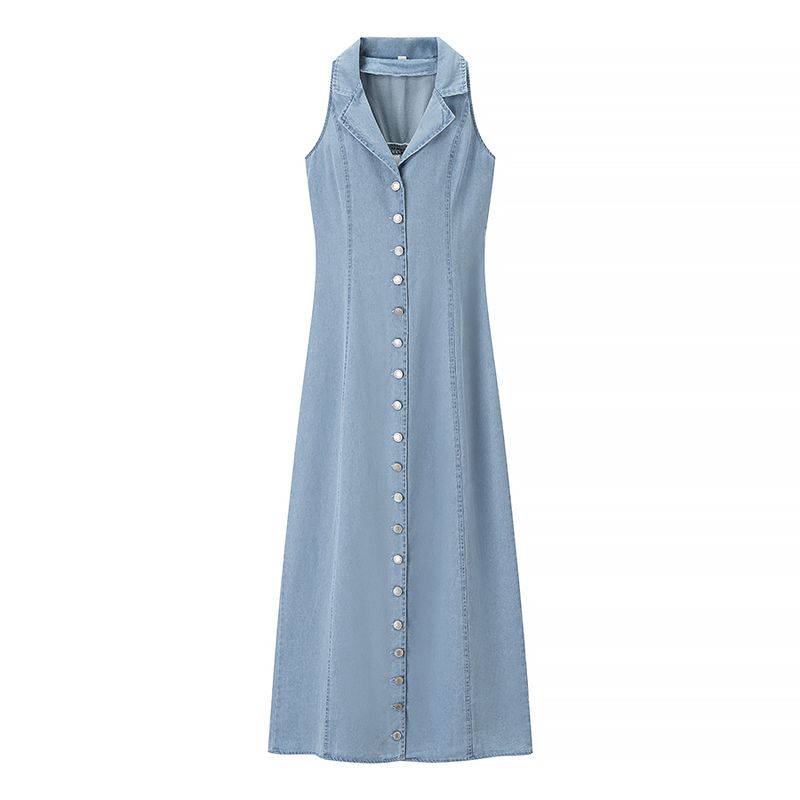 

City Walk American vintage Gyaru Sexy Deep V Waist Hugging Slim fit Long dress Single Breasted Denim Vest Dress Denim dress L