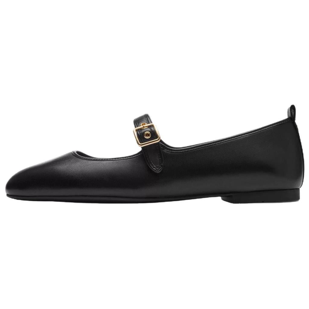 Coach Leather Round Toe Buckle C Shape Rivet Flat Mary Jane Shoes Women shoes Black CAP81-BLK