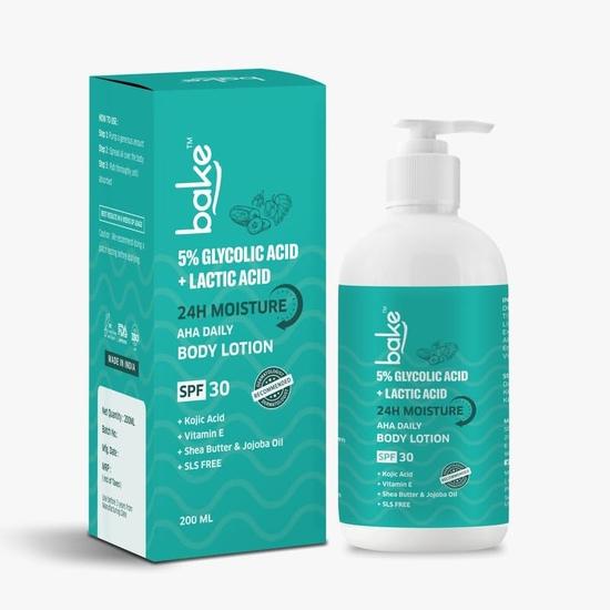 

Лосьон для тела BAKE 5% гликолевой и молочной кислоты SPF 30 PA+++ от темных пятен на теле и акне | Удаление омертвевших клеток кожи и неровный тон кожи | 200 мл