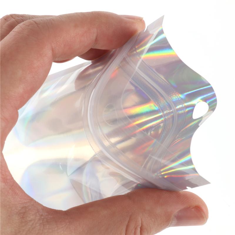 100Pcs Iridescent Zip Lock Bags Pouches Cosmetic Plastic Laser Iridescent Bags Holographic Makeup Bags Hologram Zipper Bags