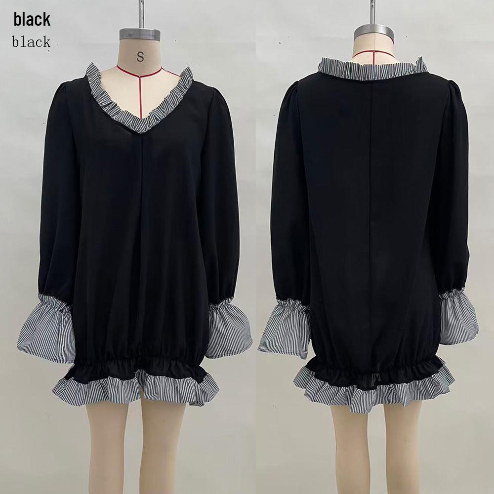 2025 Autumn/Winter European Style Elegant Black Ruffle Slimming Dress Large чёрный