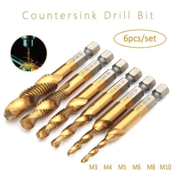 6pcs/Lot 1/4'' Hex Shank Thread Drill Bits HSS Coated Composite Tap Countersink Twist Metal Drilling Set Screw Tap Tool