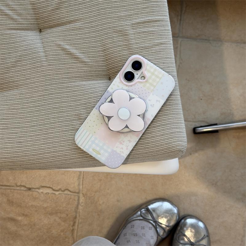 Kawaii Pastel Patchwork Floral Magnetic Phone Case With Flower Pop Socket For iPhone 15 16 17 Pro Max INS Cute Shockproof Cover