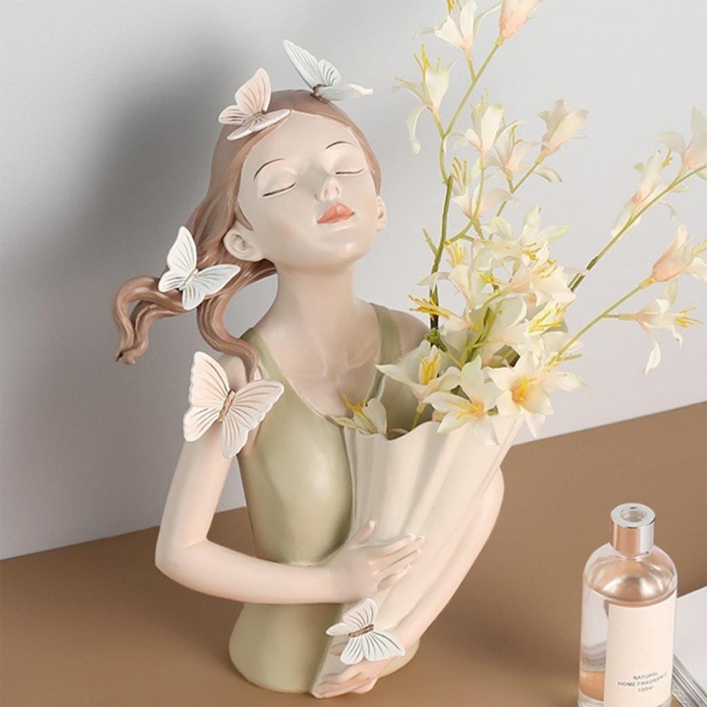 Girl Sculpture Vase Handmade Resin Girl Statue Flower Vase for Home Office Table Decoration Orange Gold