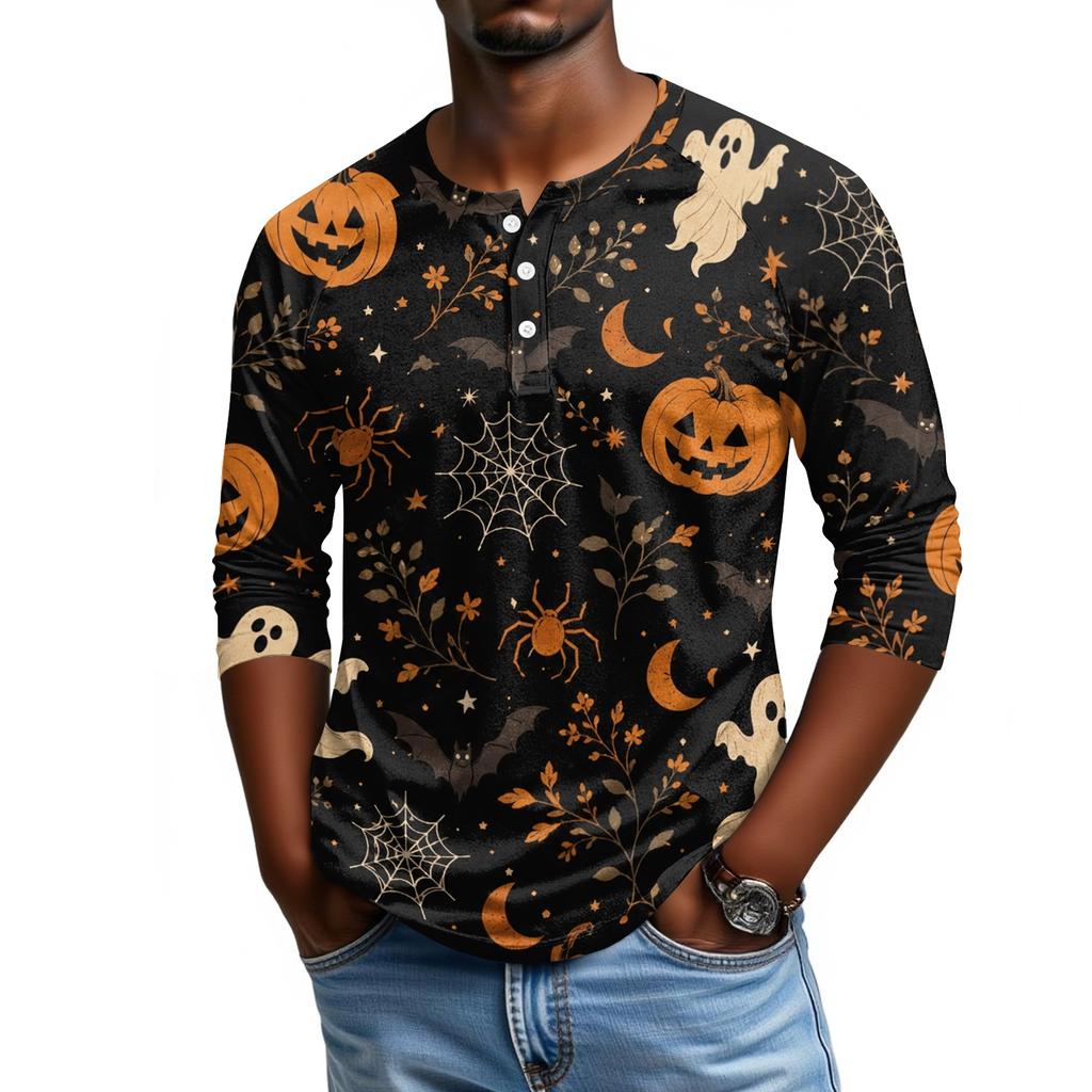Men's Casual Halloween Print Henley Shirt Three Quarter Sleeve Raglan Top Lightweight Breathable Fabric Comfortable Fit