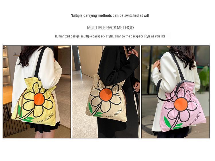 Floral Print Canvas Shoulder Handbag: Trendy Pleated Drawstring Design for Women