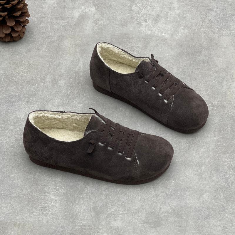 Johnature Retro Plüsch Damenschuhe Rinds Wildleder Flachboden Wildleder Lässig Elastisches Band Warme Baumwollschuhe