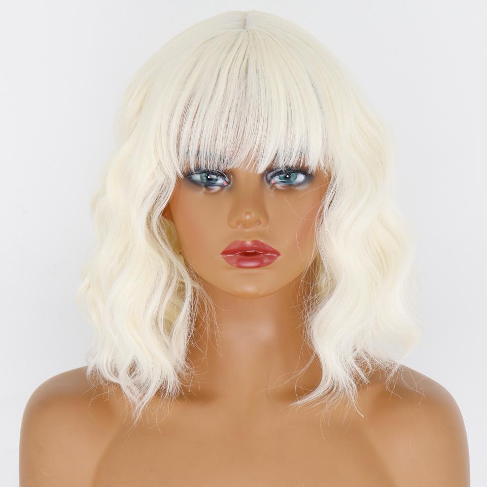 MERISIHAIR Short Wavy Wig with Bangs Synthetic Fiber Water Wave Ombre Light Blonde Wig for Women Daily Wear Cosplay