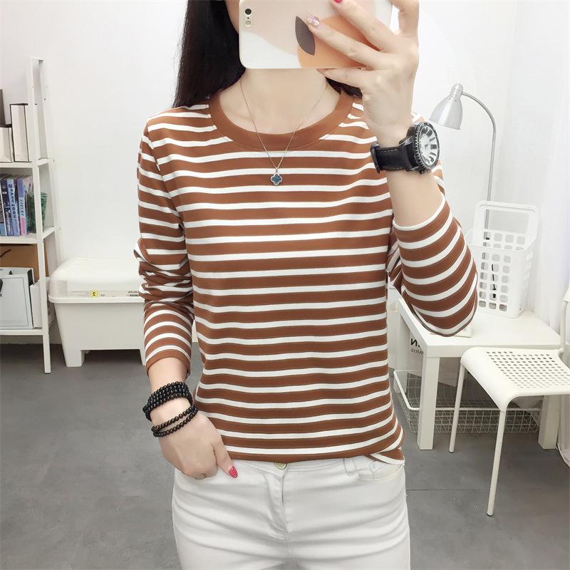 

Осенняя футболка большого размера свободного кроя с длинным рукавом для женщин, верхняя одежда в полоску, базовый слой 3XL светло-коричневого