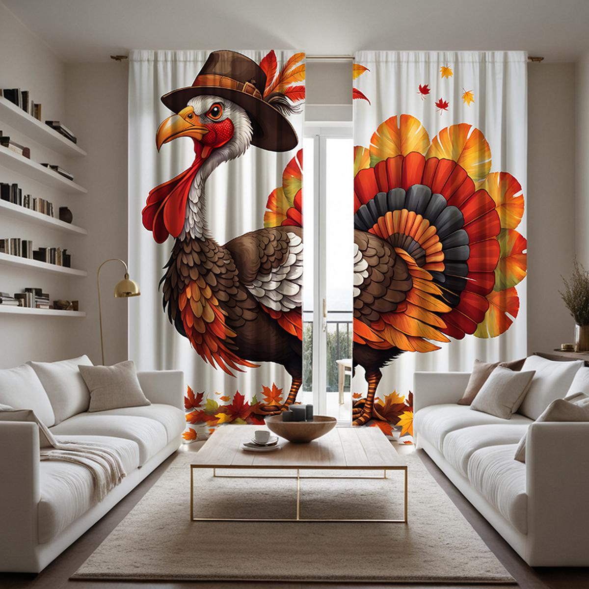 

2 предмета HD Индейка Фестиваль в цилиндре большой петух декоративная занавеска Красный галстук цифровая печать занавеска украшение для дома st W52H63inchW132H160cm