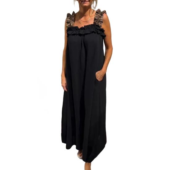 Women's Sleeveless Maxi Dress Ruffle Strap Square Neck Long Dress Casual Boho A-line Dress with Pocket Summer Beach Sundress