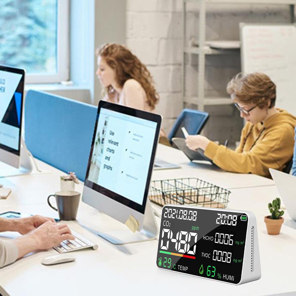 Air Quality Monitor CO2 HCHO TVOC Tester USB Rechargeable Room Temperature Humidity Meter CO2 Detector for Home School Office