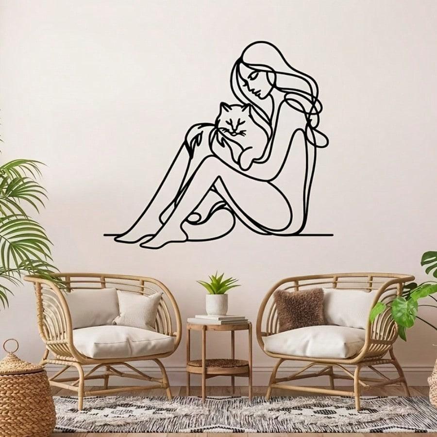 Metal Wall Art Lady with Cat Simple Line Design Living Room Decor Indoor Gift Wedding Holiday Home