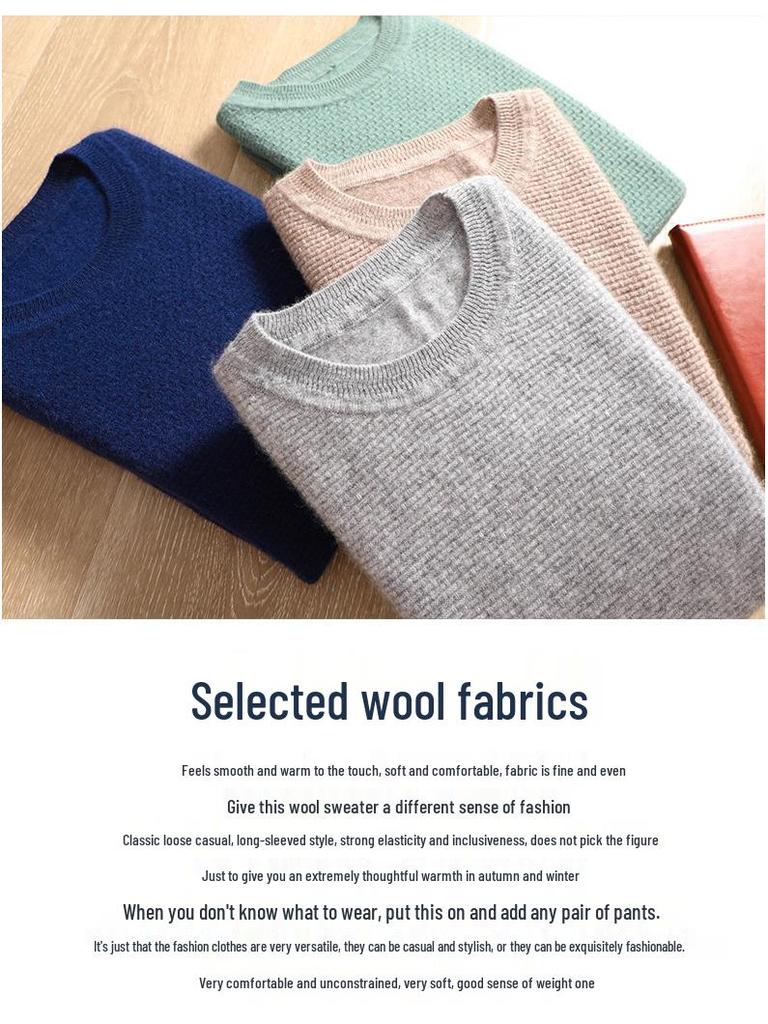 Men's 2022 Pure Wool Knitted Crew Neck Sweater - Long Sleeve, Loose Fit, Mature Casual Jumper