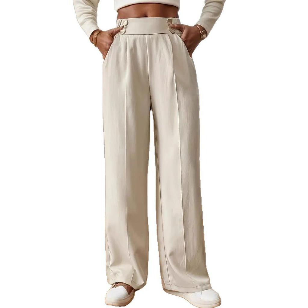 Elegante High-Waist Fließende Bodenlange Damenhose - Lockerer Gerader Schnitt, Unifarben, 2025 Design