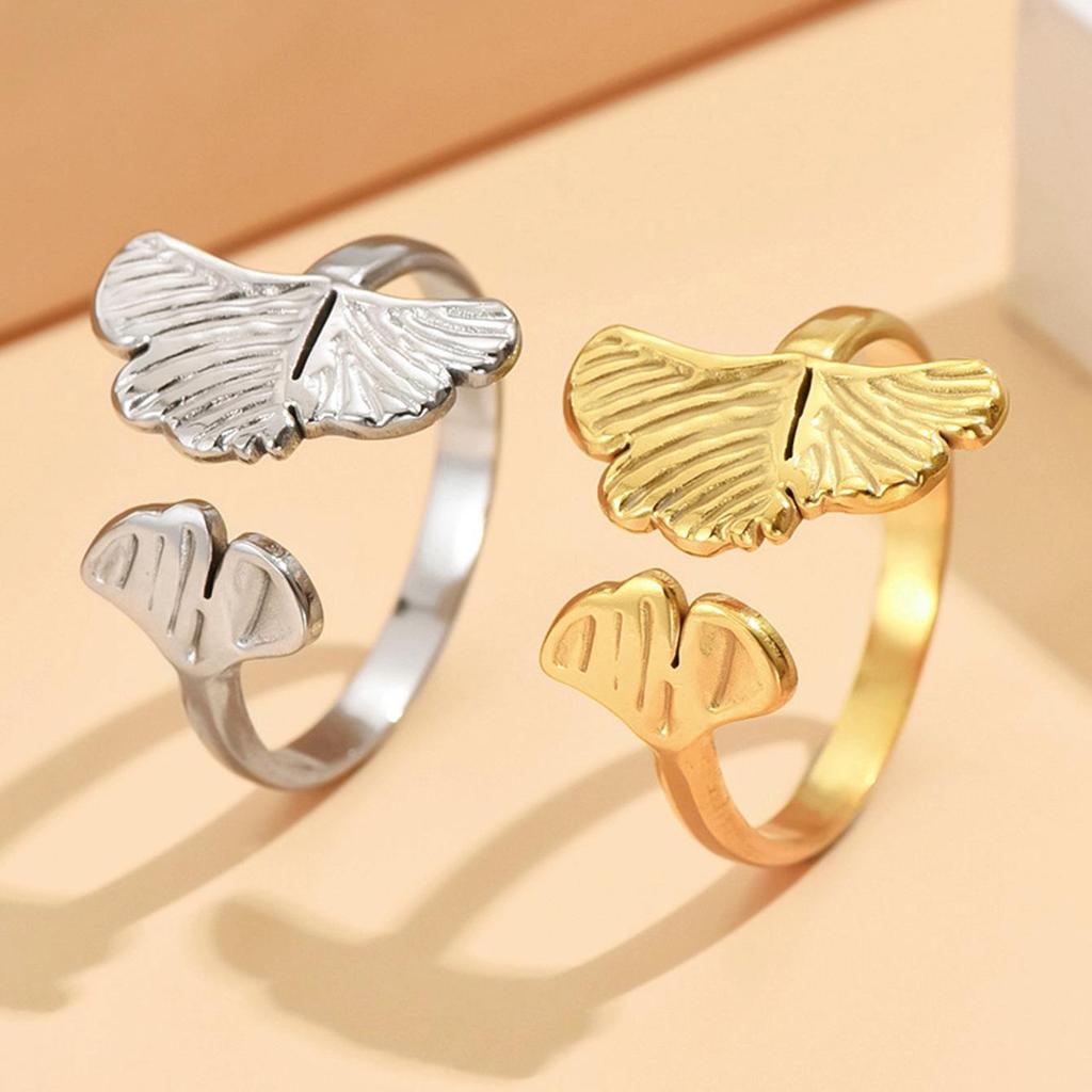 Elegant Adjustable Gold-Plated Ginkgo Leaf Ring for Women