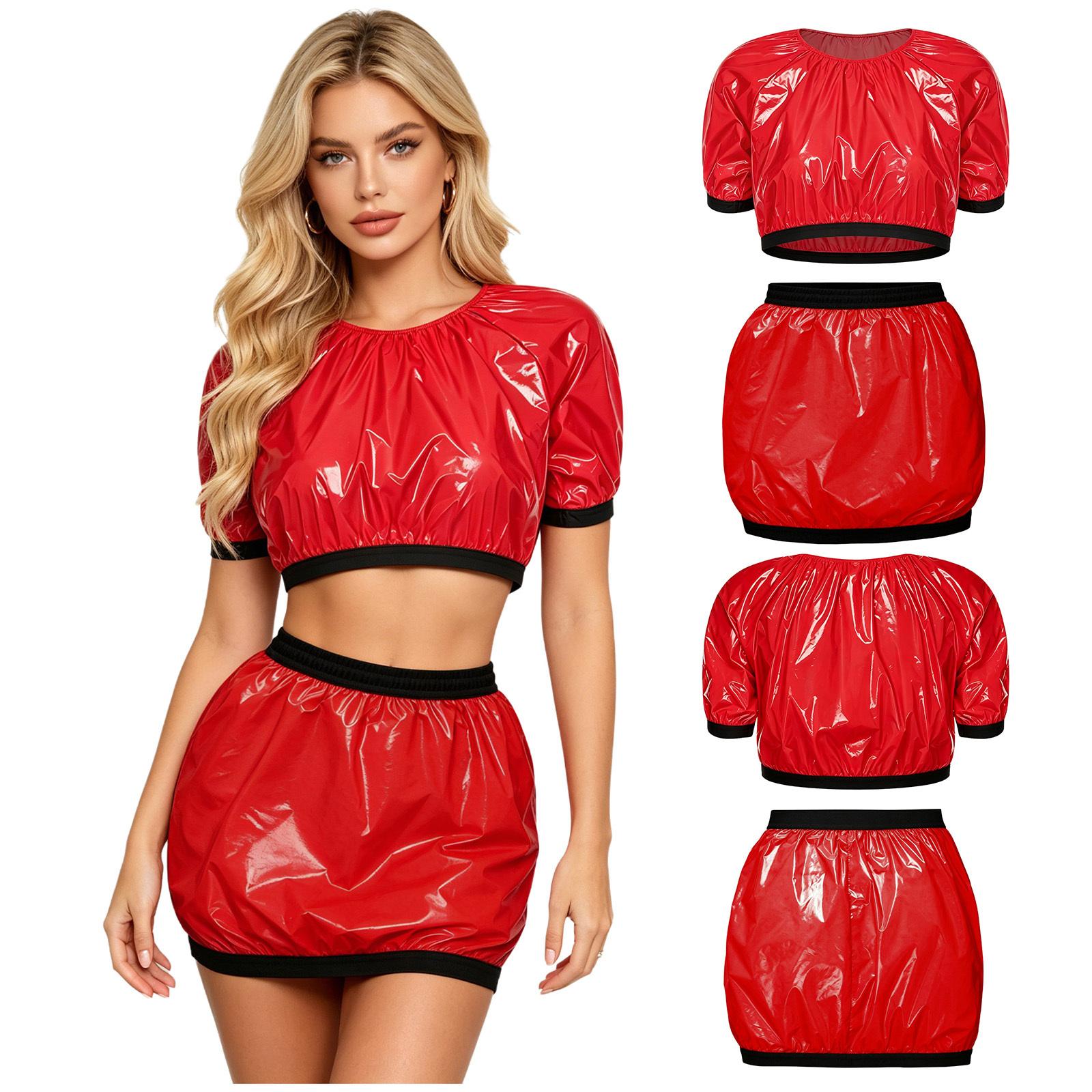 Damen Wasserdicht Glänzend Vinyl Kurzarm Crop Top Kunststoff Minirock Badebekleidung Überwurf Spezielle Bedürfnisse Kleidung S beige