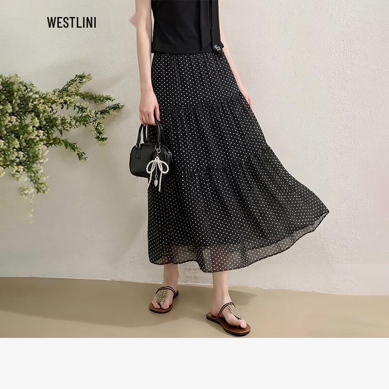 Westlink Women s Black Mesh Polka Dot High-Waist A-Line Long Skirt 27